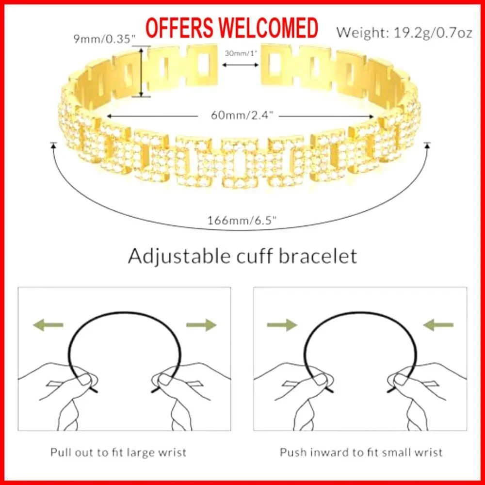 14K Gold Plated Cuff Bracelet, Adjustable Open Bangle, Cubic Zirconia - Picture 2 of 7